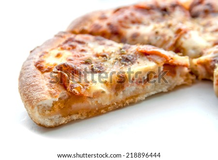side view close up layer of peperoni pizza on isolate white background