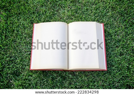 clock up vintage blank book open on the grass field