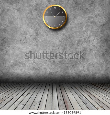 Empty interior with wooden floor, grunge wall and clocks