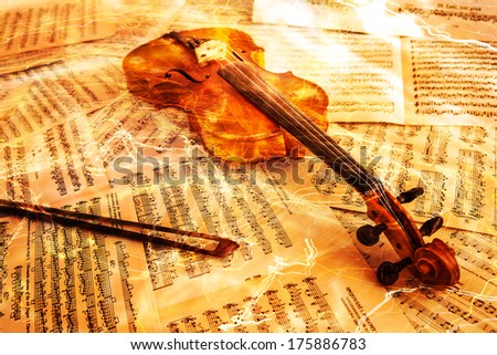Old Violin Lying On The Sheet Of Music, Music Concept
