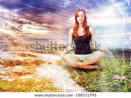 Girl meditating at the calm place in the nature