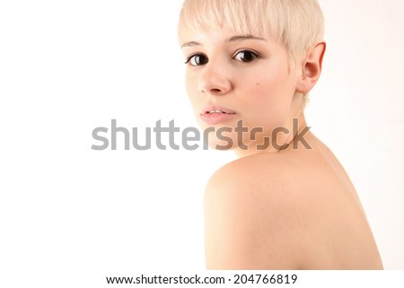 Portrait of a Blonde Girl with huge eyes and ears  isolated on white background