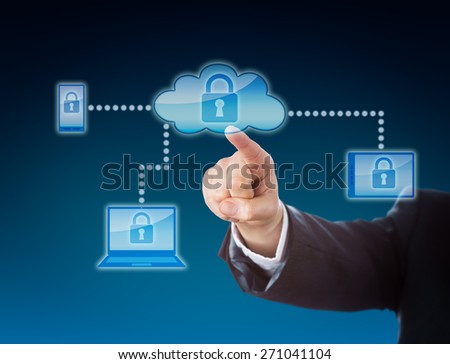 Cloud computing security business metaphor in blue colors. Corporate arm reaching out to a lock symbol inside a cloud icon. The padlock repeats on cellphone, tablet PC and laptop within the network.