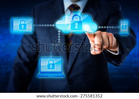Torso of a business man in blue suit reaching forward to touch a cloud icon with index finger and lock mobile devices. Smart phone, laptop and tablet PC are in the cloud network. Technology metaphor.