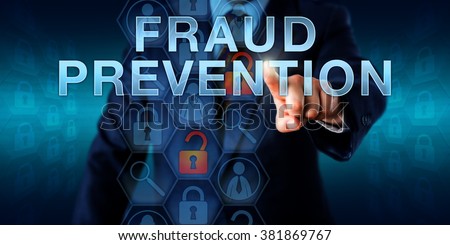 Forensic examiner is pushing FRAUD PREVENTION on a virtual screen. Business services metaphor and law enforcement concept for countermeasures to internet fraud, identity theft and computer crime.