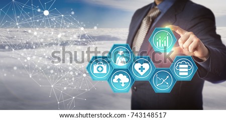 Unrecognizable database manager retrieving medical data in an electronic network. Business concept for management of health information technology and improvement of healthcare service efficiency.