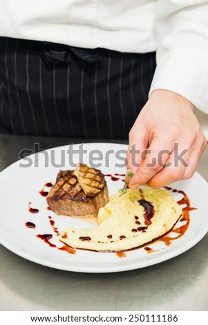 Closeup of chef adding finishing touch on his dish before it goes on the table