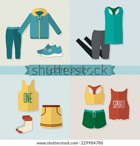 Sport clothing icons set. Fitness wear style. Flat style vector illustration.