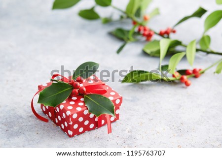 Christmas present wrapped with polka dot paper, and decorated with holly berries. Gift wrapped in polka dot paper with decorative red ribbon.