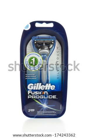 Sarajevo, Bosnia and Herzegovina - January 31, 2014: Gillette Fusion Proglide Razor Blades for Shaving and Hair Removal. Gillette is a brand of men\'s safety razors, owned by Procter & Gamble.
