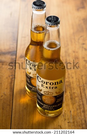Sarajevo, Bosnia and Herzegovina - August 16, 2014:  Corona Extra Beer. Brewed by Cerveceria Modelo, Mexico.