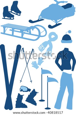 Winter sport equipment, winter clothes, vector illustration