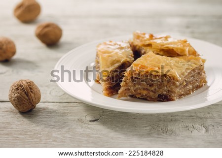 Baklava, delicious pastry dessert made with phyllo dough, nuts, butter, and sugar.