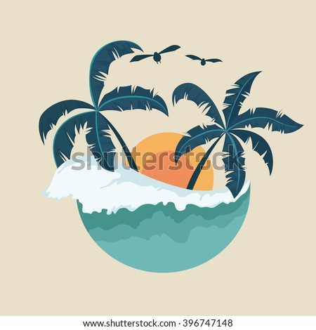 Summer Badge With Wave Palm Tree and Sunset