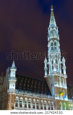 Detail of the Town Hall (Hotel de Ville) in the Grand Place, the focal point of Brussels, Belgium.