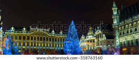 Panorama of the Grand Place, the focal point of Brussels, Belgium decorated for Christmas