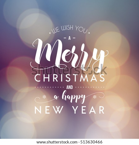 Merry Christmas and Happy New Year greeting card. Modern calligraphy lettering. Typographic vector design, beautiful bokeh background, blurred festive lights.