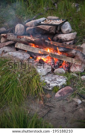 Bonfire on the shore of Lake Baikal, Russia