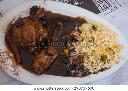 Image of beef in honey sauce with rice