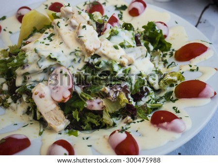 Image of argontula salad with cherry tomatoes, arugula, chicken and special sauce, Milos island? Greece