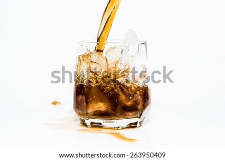 Cola pouring in a glass, isolated on white background