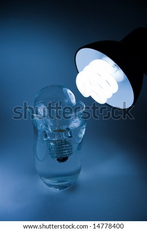Energy saving light bulb and usual light bulb in the glass with water