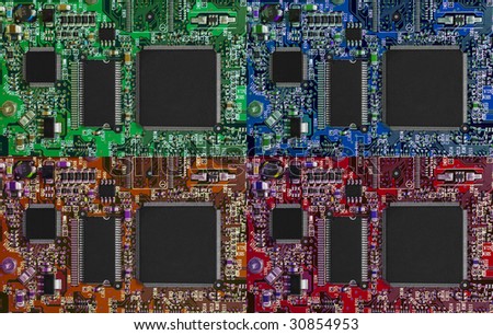 Microcircuit technology backgrounds: green, blue, orange and red boards