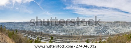 Open-cast mine panorama on mining operations, Asbestos, Russia