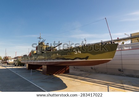 Military boat an exhibit of a historical museum, Ekaterinburg, Russia, 5/26/2015 year