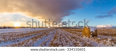 sunset on a hay field selskap and the first snow in Russia, Ural