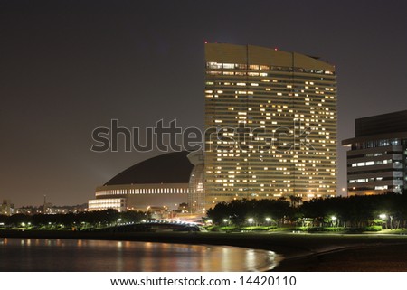 Fukuoka city landmark, Sea-Hawk hotel and baseball stadium on the seaside, night shot