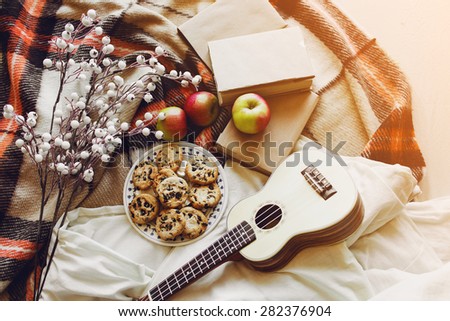 Warm  soft fall  lifestyle  image of cozy random hipster  objects :  wooden ukulele guitar, apples, old books, cookies, checkered plaid.
