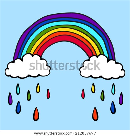 Hand drawn childish vector rainbow illustration in the clouds
