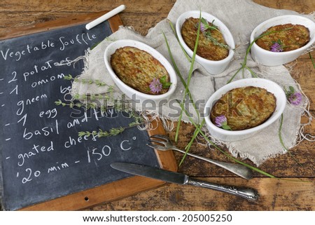vegetables souffle vegan recipe oven baked with natural vintage rustic background