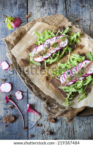 two raw snack with slices of rye bread with rocket, radish slices, anchovies and seed on rustic table