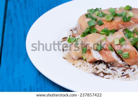 Chicken fillet served with miso sauce and rice on white plate. Blue wooden background.