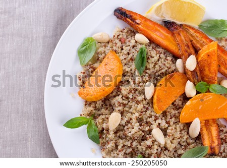 Grilled pumpkin and carrot, lemon, basil and almonds with quinoa