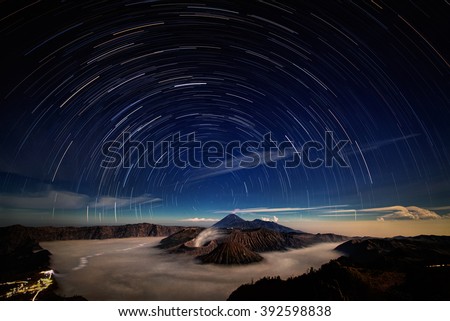 Star tracks above the volcano Bromo. Java island, Indonesia