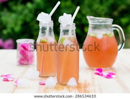 Rhubarb hibiscus drink iced tea with rose petals in the garden. Selective focus