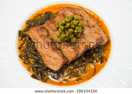 cassioa leaf and flower curry with roasted meat