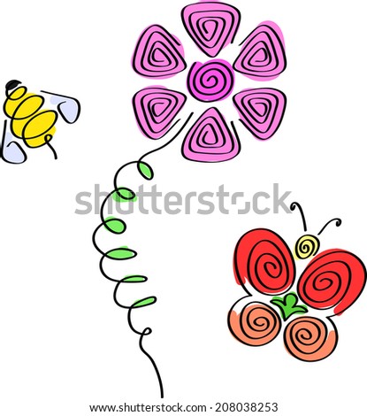 Cute bee, flower and butterfly drawing