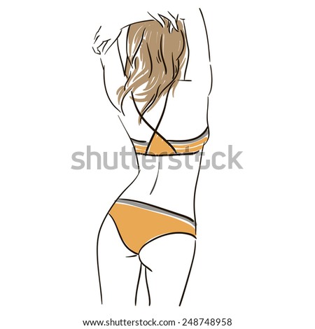 Art background with standing beautiful young sexy woman in swimsuit, sketch illustration.