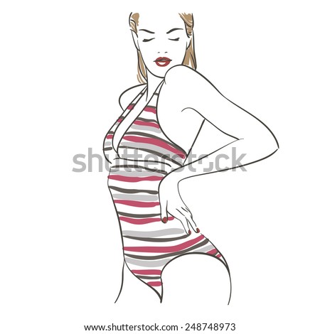 Art background with standing beautiful young sexy woman in swimsuit, sketch illustration.