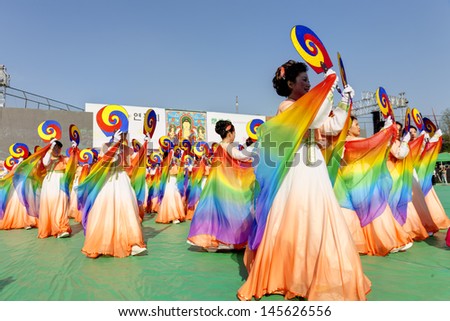 Seoul Korea May 11: Actresses Are Performing At Buddhist Cheer Rally For Celebration Of Lotus Lantern Festival On May 11 2013 At Dongguk University Stadium, Seoul, Korea. In Seoul Korea.