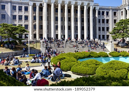 SEOUL, KOREA-APRIL 18: Students are having lunch at the campus in Kyung Hee University on April 18, 2013 in Seoul, Korea.