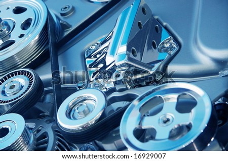 Complex engine of modern car with lots of details.