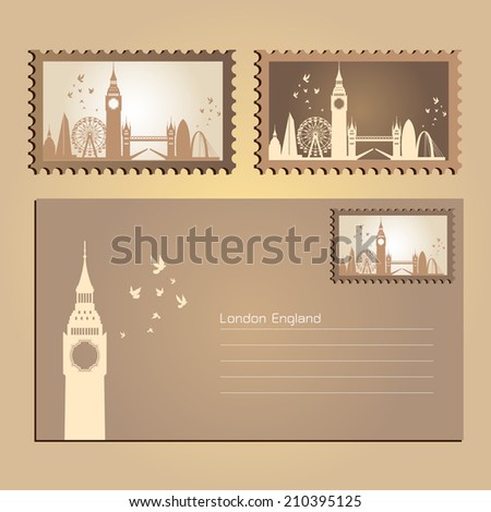 London, England, Postcard and Stamp City Skyline, vector Illustration