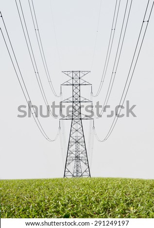 electricity power pylon in the green grass golf club