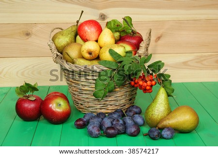 full basket of fruit on green table