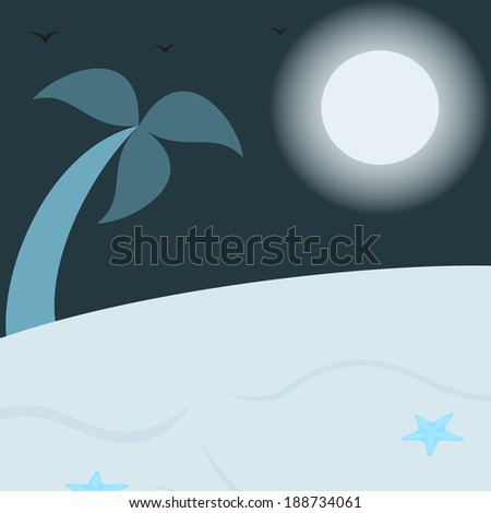 Blue-emerald landscape a beach with palm tree and sea stars, vector illustration